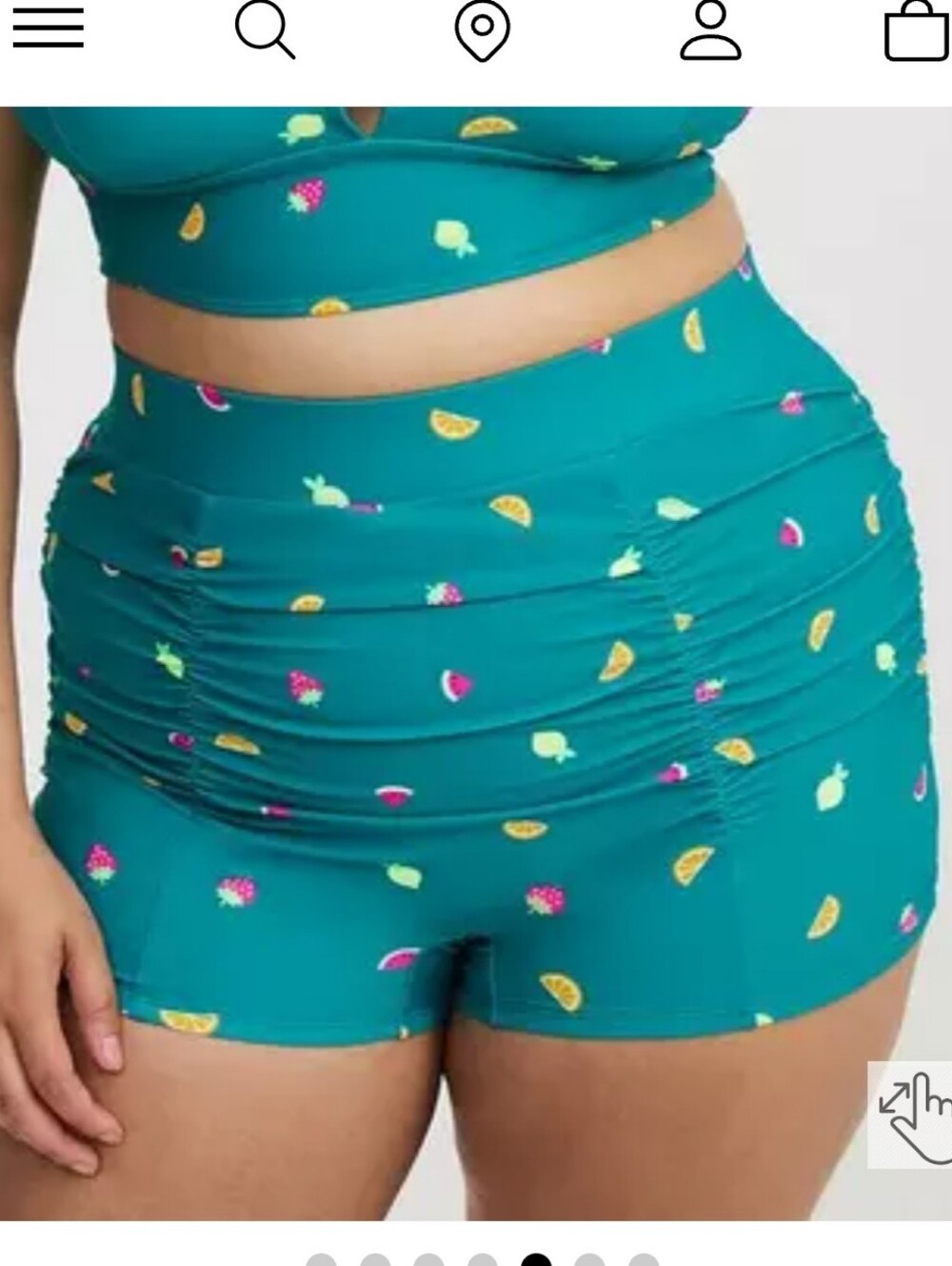 Torrid Teal Tropical Ruched Swim Shorts with Citrus Print